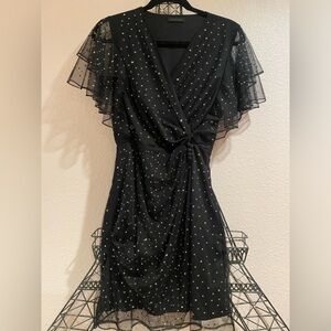 Short sleeve black mesh and rhinestone dress